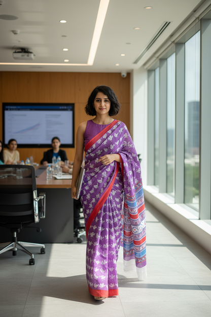 MUL COTTON SAREE-PURPLE BIRD PRINT-PRINTED SAREE COLLECTION | simmpli ethnicc