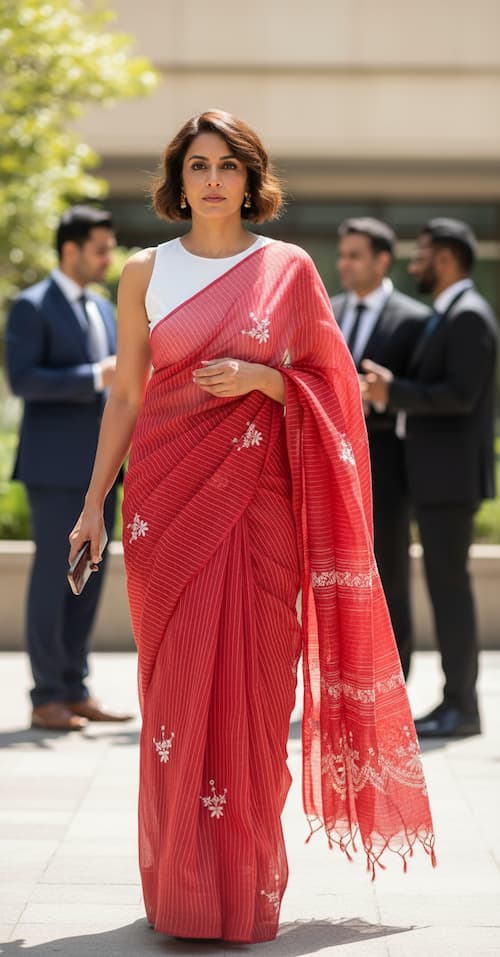 Handloom Cotton Saree-Crimson Red Striped -White Hand Embroidery
