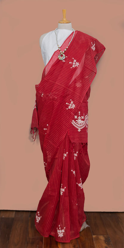 Red & white cotton Hand Embroidered Saree | simmpli ethnicc