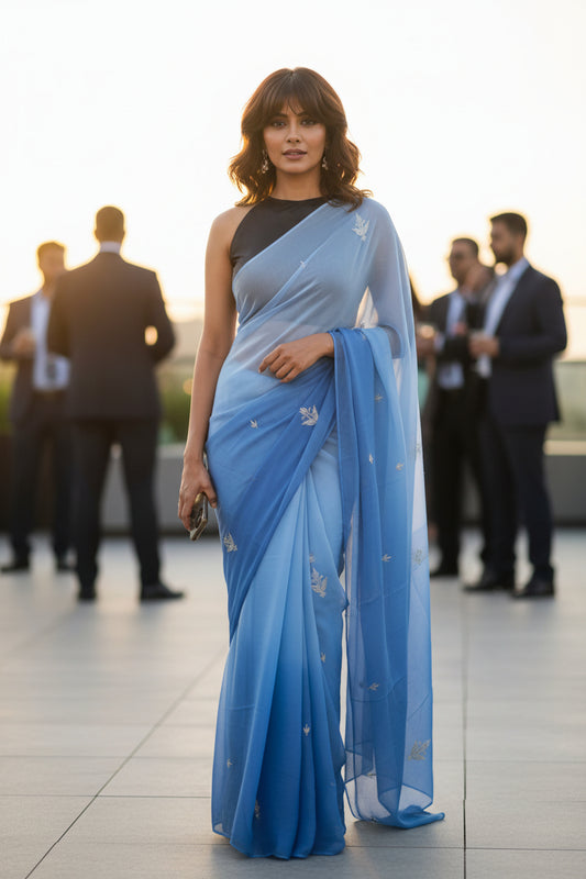 PURE CHIFFON SAREE-CORNFLOWER BLUE - TYE_DYE -EMBROIDERED - CHIFFON SAREE COLLECTION | simmpli ethnicc