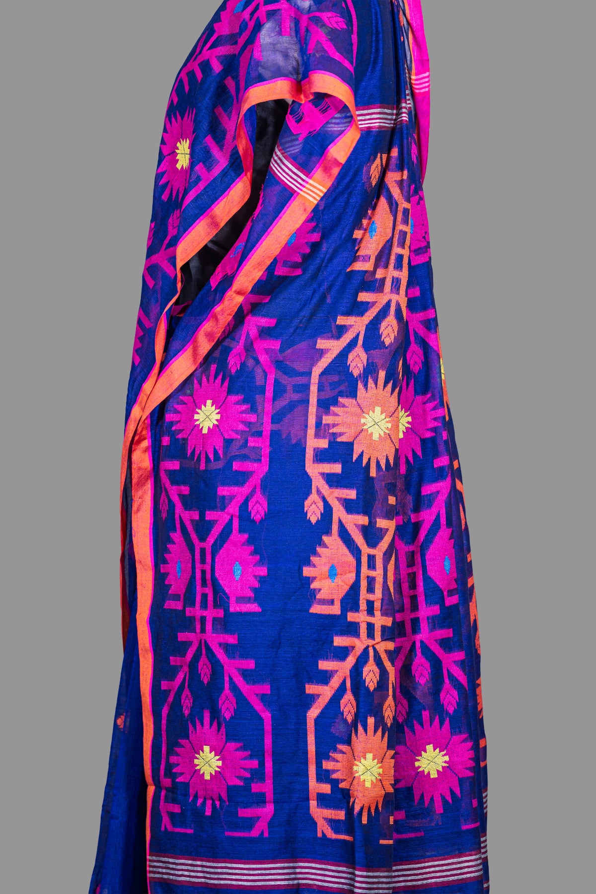 Handloom Cotton Saree-Navy Blue-Deep Pink Woven Border