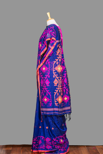 Handloom Cotton Saree-Navy Blue-Deep Pink Woven Border