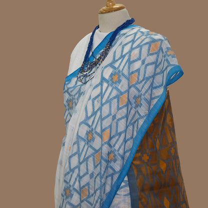 White Handloom Saree-Blue zaal Border-Mustard  Pallu 