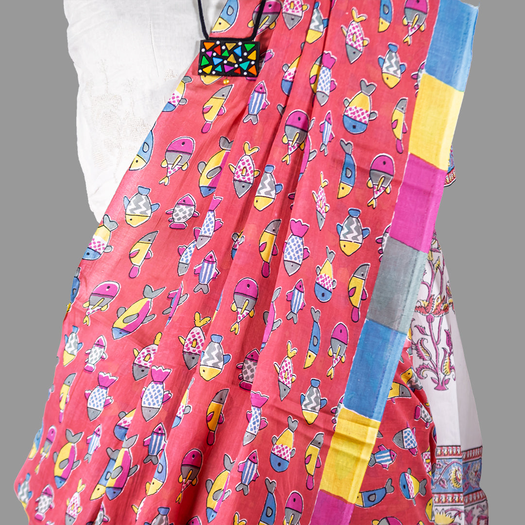Cotton Fish Print Pink saree