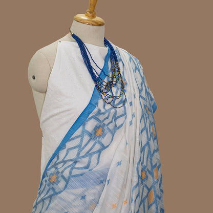 White Handloom Saree-Blue zaal Border-Mustard  Pallu 