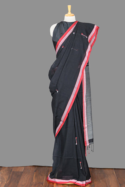 FINE HANDLOOM COTTON SAREE- CHARCOAL BLACK-RED BORDER- PURE COTTON SAREE COLLECTION | simmpli ethnicc