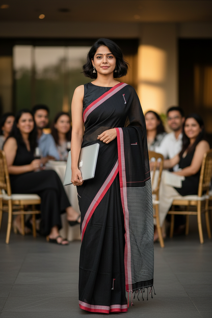 FINE HANDLOOM COTTON SAREE- CHARCOAL BLACK-RED BORDER- PURE COTTON SAREE COLLECTION | simmpli ethnicc