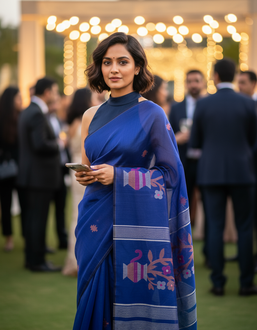 MUSLIN COTTON SAREE -PERSIAN BLUE HANDWOVEN- PARTY WEAR SAREE COLLECTION | simmpli ethnicc