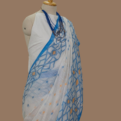 White Handloom Saree-Blue zaal Border-Mustard  Pallu 