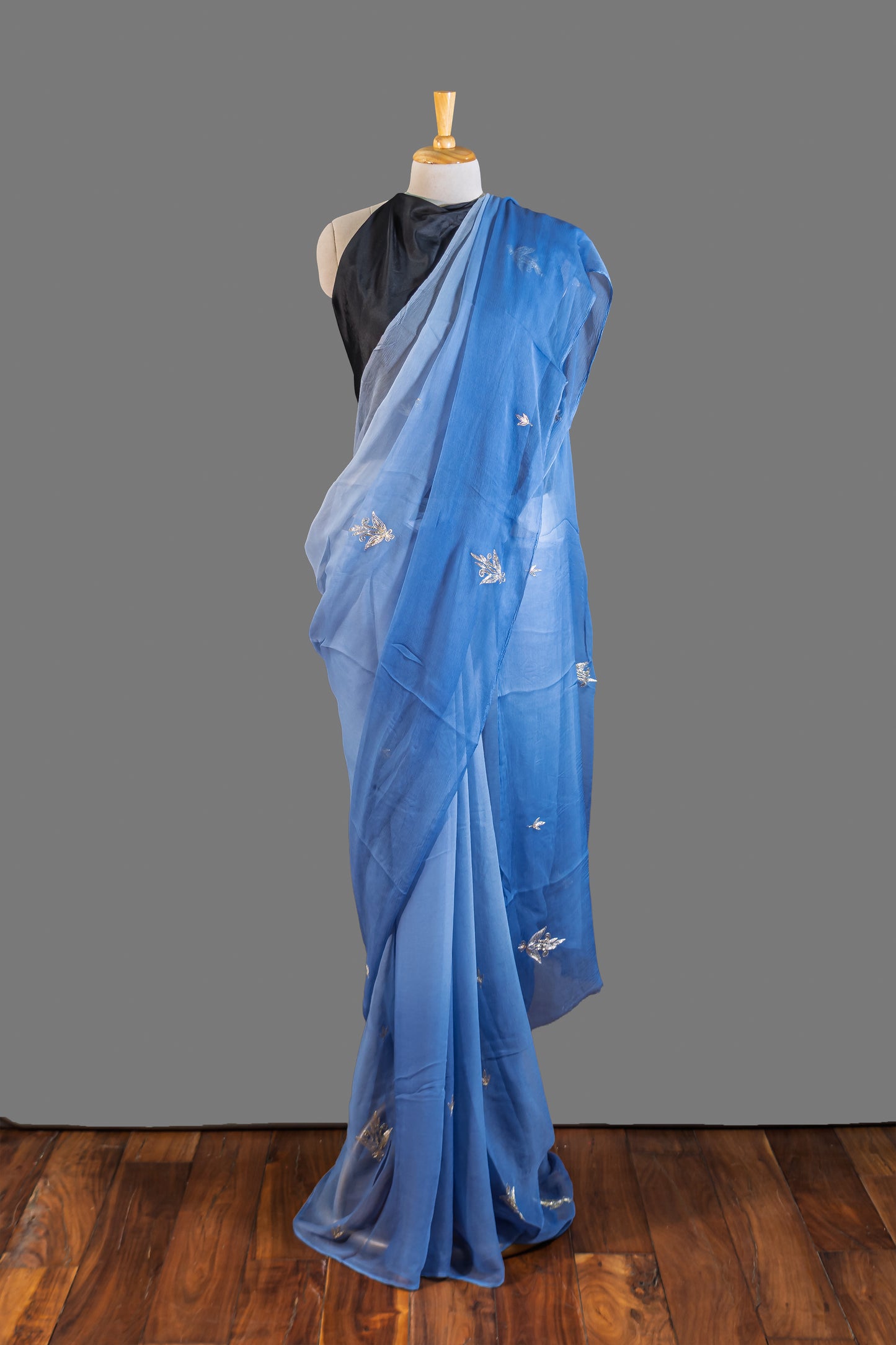 PURE CHIFFON SAREE-CORNFLOWER BLUE - TYE_DYE -EMBROIDERED - CHIFFON SAREE COLLECTION | simmpli ethnicc
