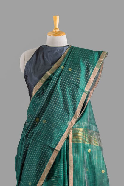 Fine Handloom Cotton Saree -Forest Green- Golden Pin Stripes and Booties