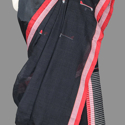 FINE HANDLOOM COTTON SAREE- CHARCOAL BLACK-RED BORDER- PURE COTTON SAREE COLLECTION | simmpli ethnicc