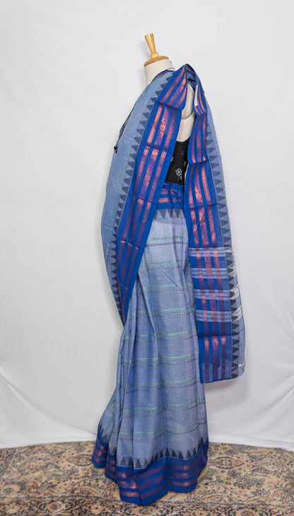 Blue/ Royal Blue Border Handloom Cotton Saree