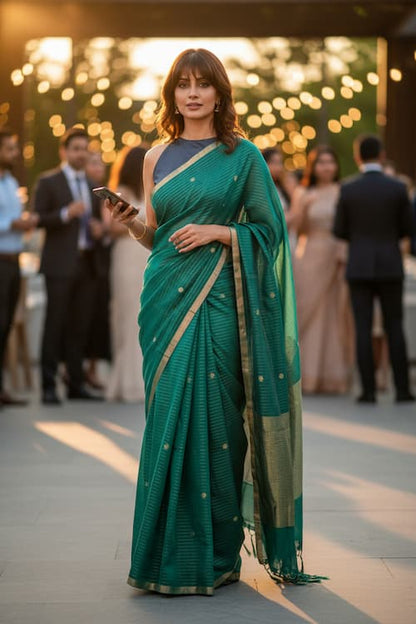 Fine Handloom Cotton Saree -Forest Green- Golden Pin Stripes and Booties
