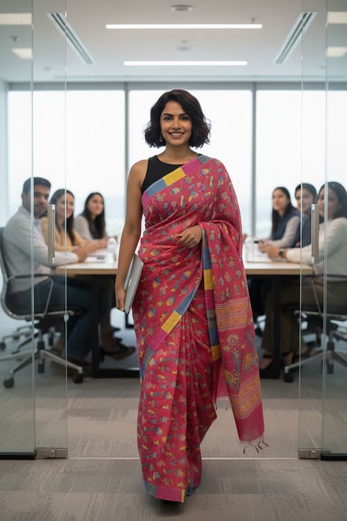 Mul Cotton Saree-Dark Pink-Fish Print