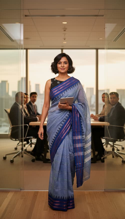 Handloom Cotton Saree-Cornflower Blue-Temple border