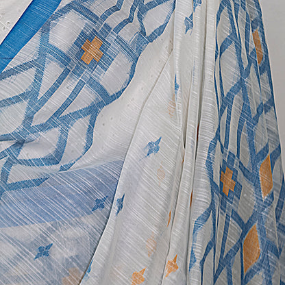 White Handloom Saree-Blue zaal Border-Mustard  Pallu 