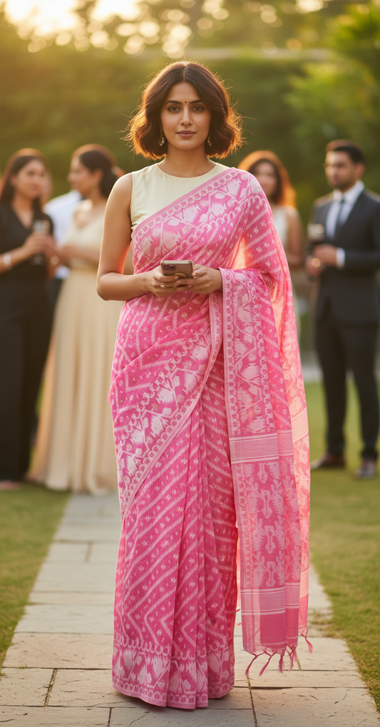 HANDLOOM COTTON SAREE - BUBLEGUM PINK - HANDLOOM SAREE COLLECTION | simmpli ethnicc
