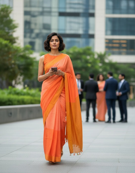 HANDLOOM COTTON SAREE-FLAME-DEEP CARROT-PAPAYA ORANGE- COLOR BLOCK-GINGER BROWN PALLU-HANDLOOM SAREE COLLECTION | simmpli ethnicc
