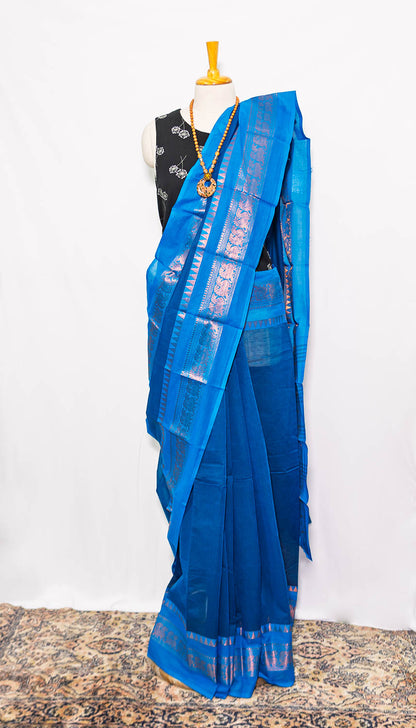 Blue/ golden Border Handloom Cotton Saree