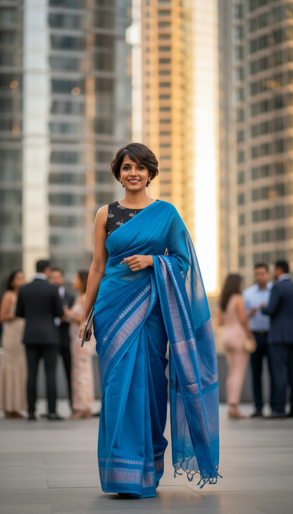 HANDLOOM COTTON SAREE-SAPHIRE BLUE-ZARI BORDER-HANDLLOOM COTTON SAREE COLLECTION| simmpli ethnicc