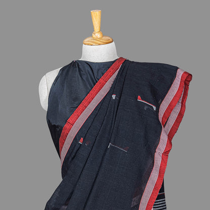 FINE HANDLOOM COTTON SAREE- CHARCOAL BLACK-RED BORDER- PURE COTTON SAREE COLLECTION | simmpli ethnicc