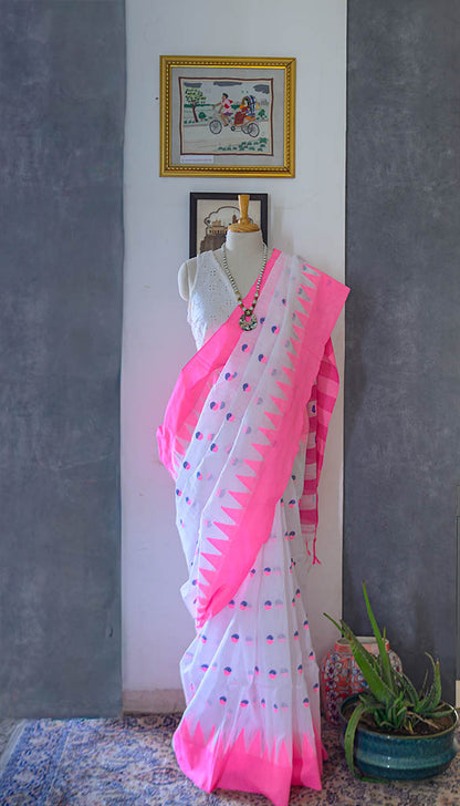 white/Pink Border Handloom Cotton Saree