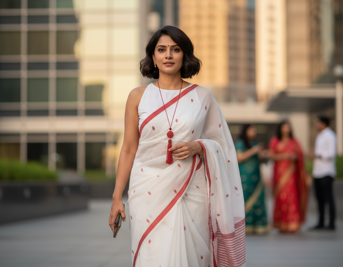 KHADI COTTON SAREE- WHITE-RED- HANDWOVEN - KHADI COTTON SAREE COLLECTION | simmpli ethicc