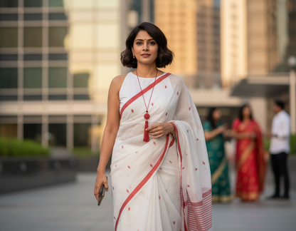 KHADI COTTON SAREE- WHITE-RED- HANDWOVEN - KHADI COTTON SAREE COLLECTION | simmpli ethicc