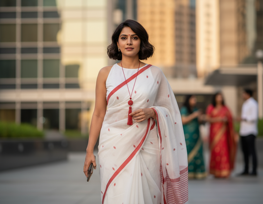 KHADI COTTON SAREE- WHITE-RED- HANDWOVEN - KHADI COTTON SAREE COLLECTION | simmpli ethicc