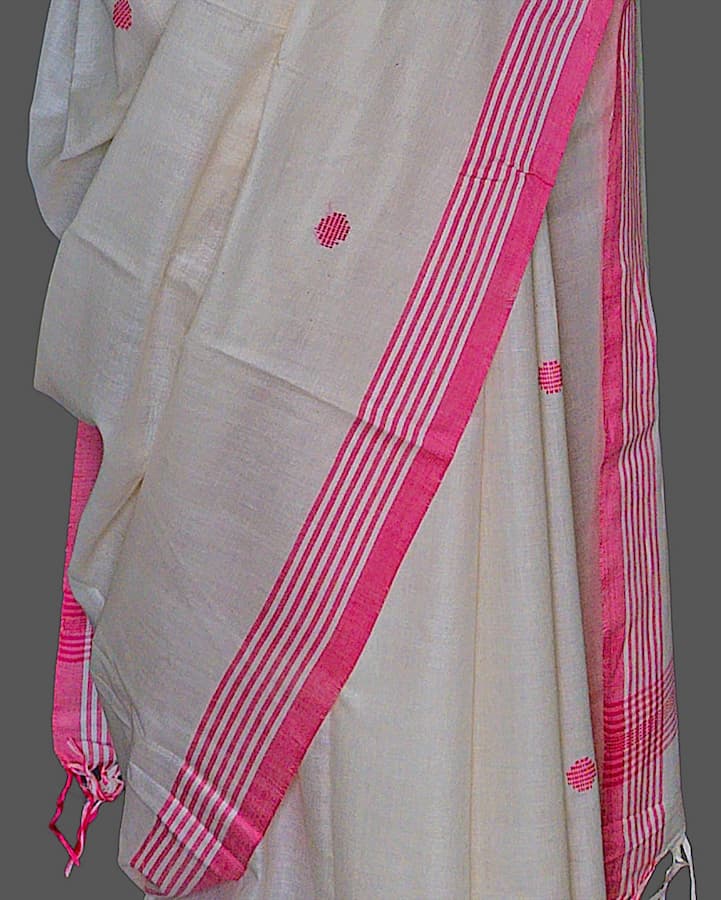 Soft Cotton Saree Ivory White – Pink Booti Handwoven