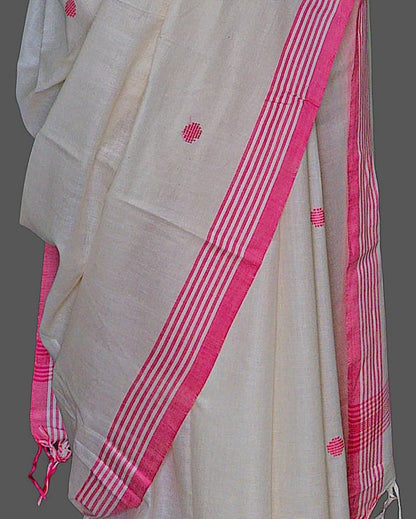 Soft Cotton Saree Ivory White – Pink Booti Handwoven