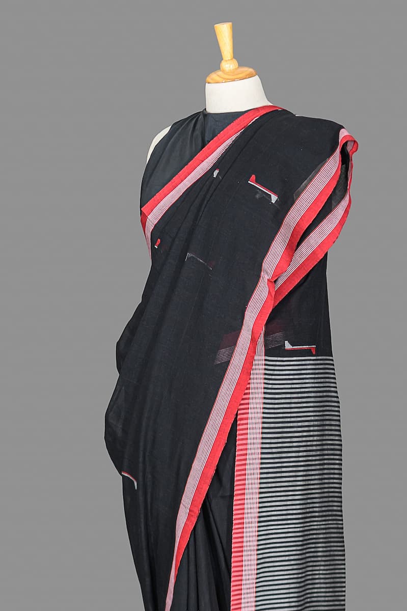 Fine Handloom Cotton Saree- Charcoal Black-Red Border