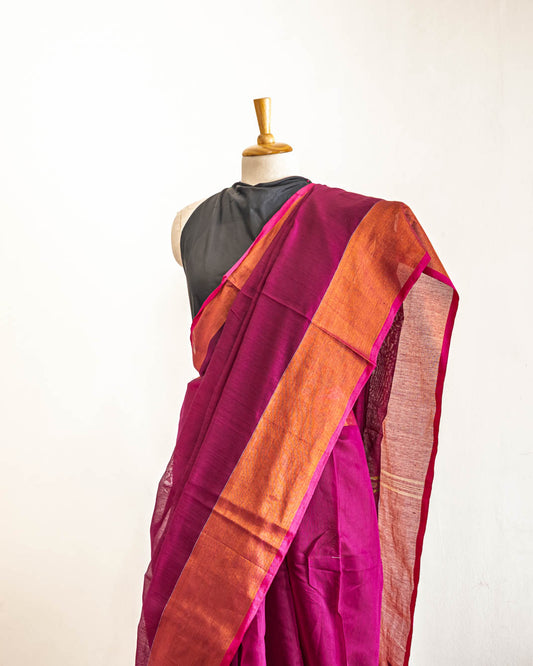 Magenta handloom cotton golden border Saree