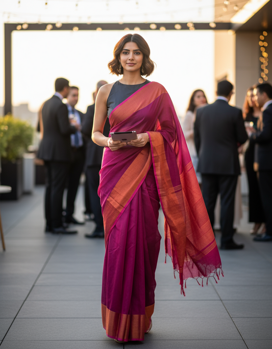 HANDLOOM COTTON SAREE-DARK MAGENTA-GOLDEN BORDER-HANDLOOM SAREE COLLECTION | simmpli ethnicc