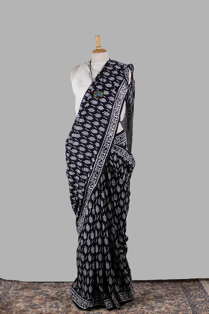 Block Printed Black Cotton Saree | simmpli ethnicc