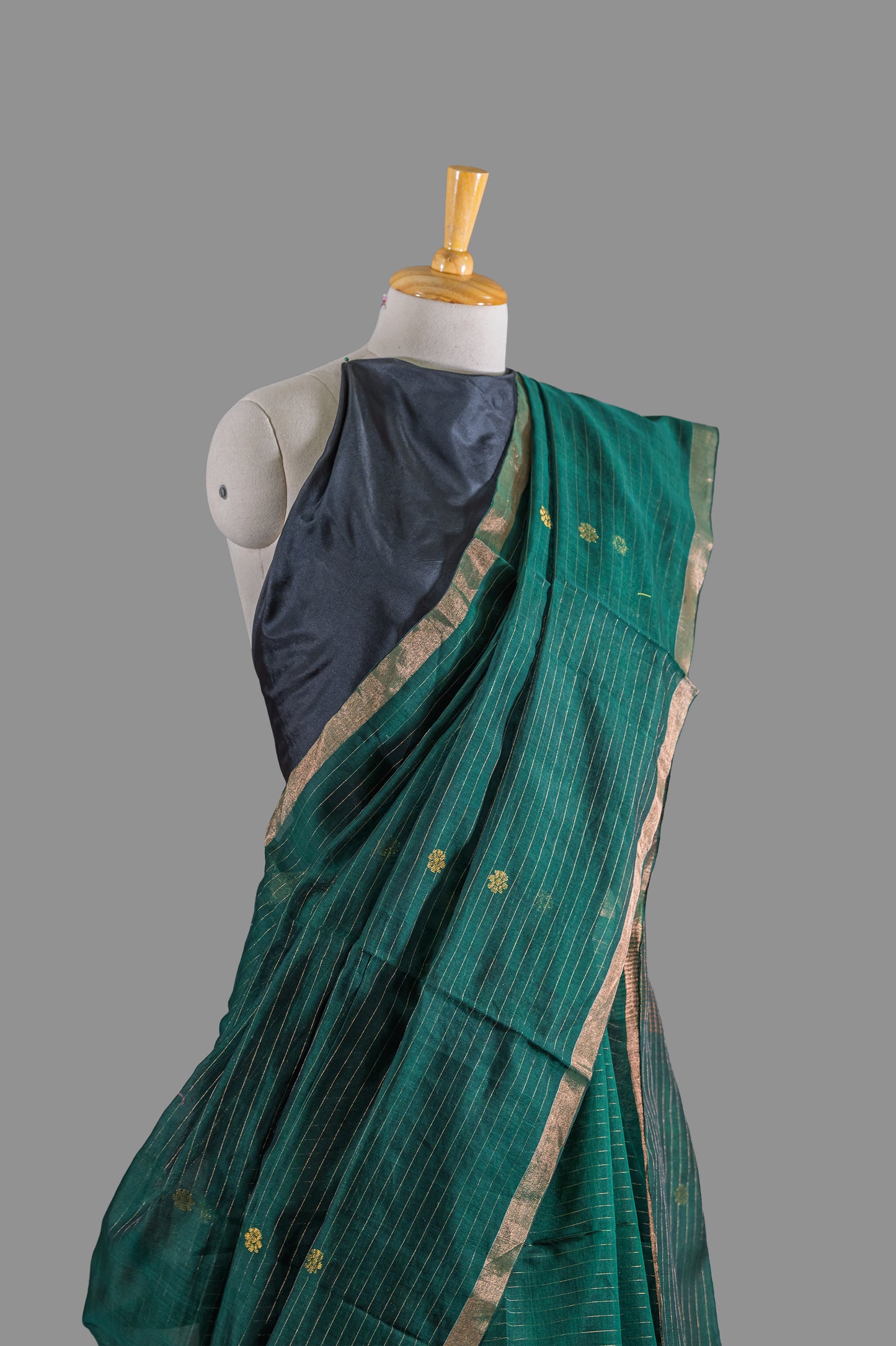Fine Handloom Cotton Saree -Forest Green- Golden Pin Stripes and Booties