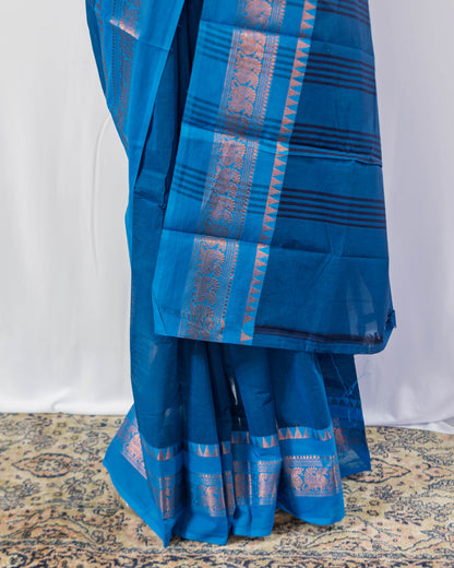 Blue/ golden Border Handloom Cotton Saree