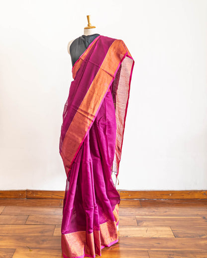 Magenta handloom cotton golden border Saree