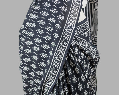 Block Printed Black Cotton Saree | simmpli ethnicc