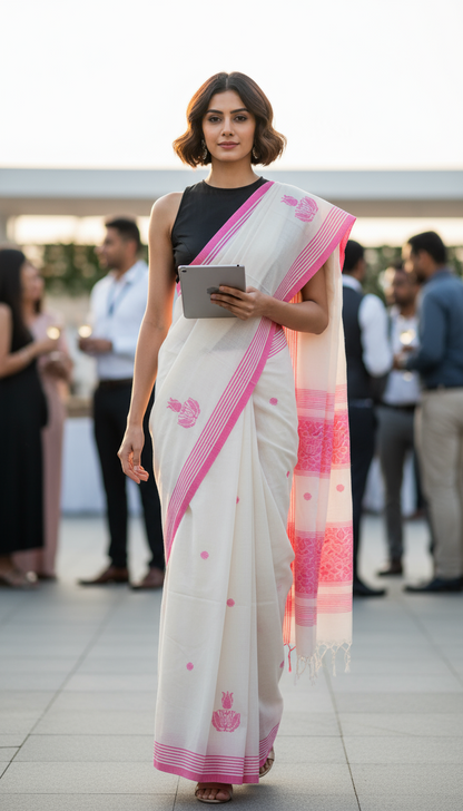 SOFT COTTON SAREE- IVORY WHITE- PINK BOOTI HANDWOVEN- PURE COTTON SAREES | simmpli ethnicc