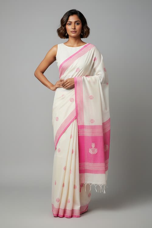 Soft Cotton Saree Ivory White – Pink Booti Handwoven