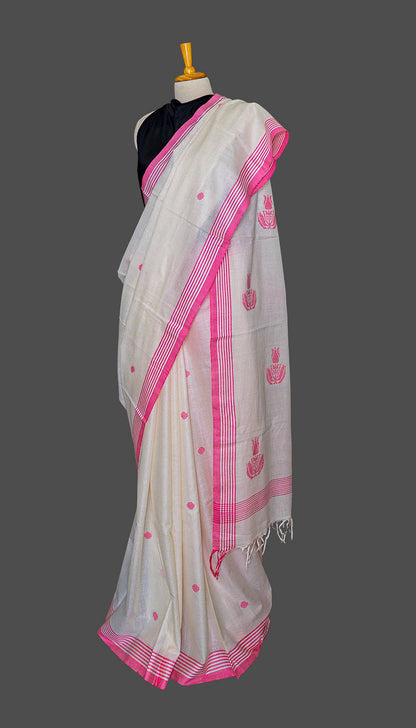 Soft Cotton Saree Ivory White – Pink Booti Handwoven