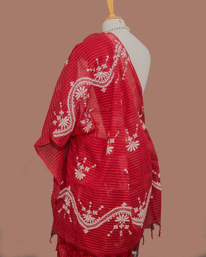 Red & white cotton Hand Embroidered Saree | simmpli ethnicc