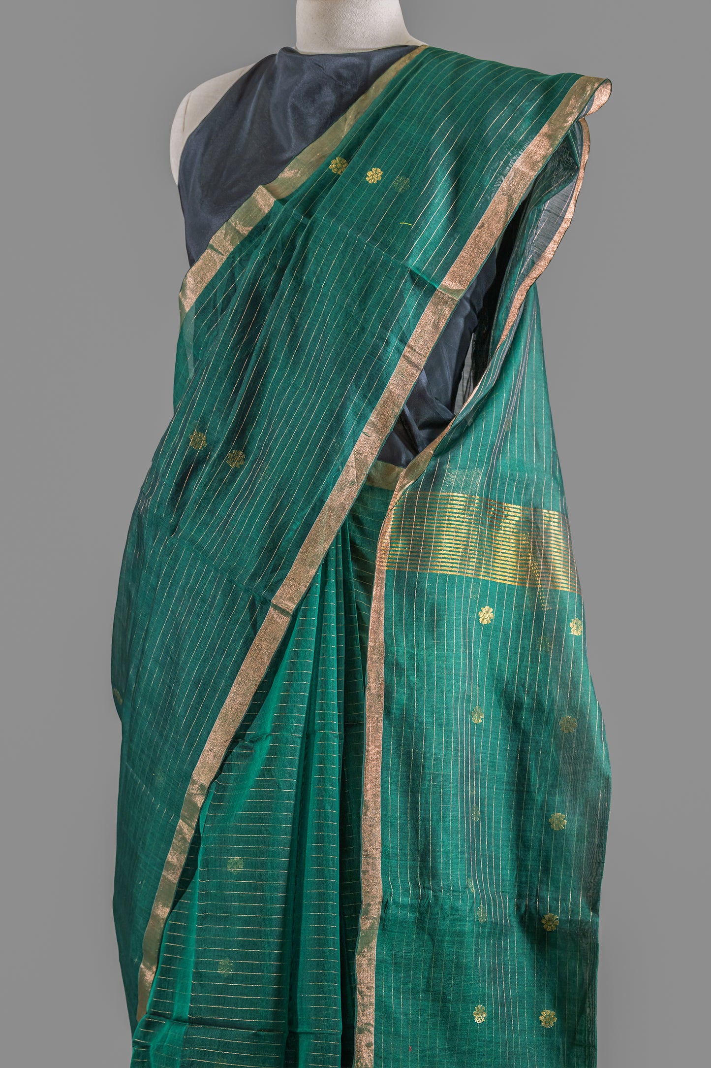Fine Handloom Cotton Saree -Forest Green- Golden Pin Stripes and Booties
