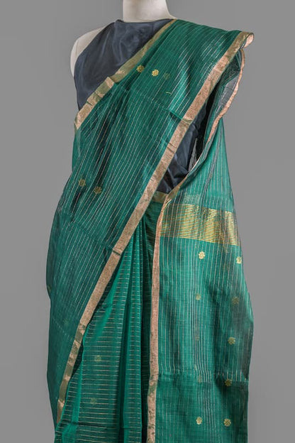 Fine Handloom Cotton Saree -Forest Green- Golden Pin Stripes and Booties