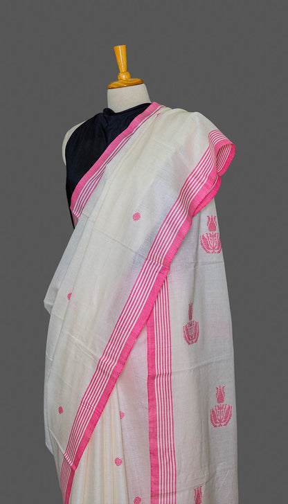 White & Pink handwoven Booti soft cotton  Saree | simmpli ethnicc