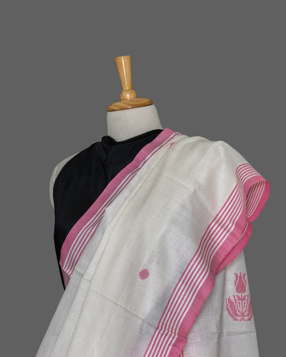 White & Pink handwoven Booti soft cotton  Saree | simmpli ethnicc