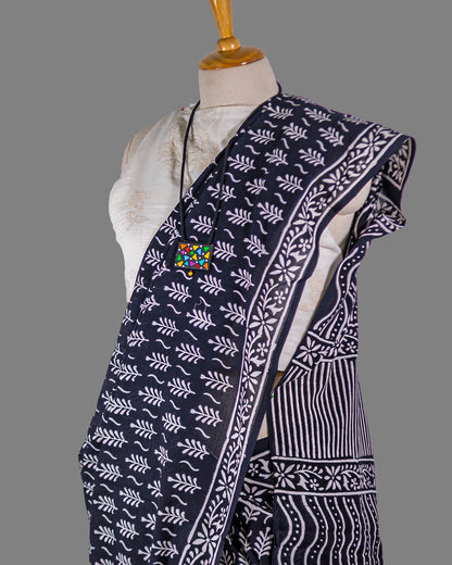 Block Printed Black Cotton Saree | simmpli ethnicc