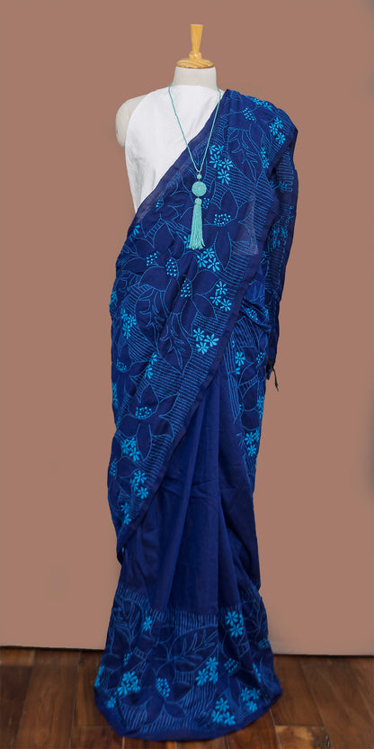 Blue Hand Embroidered cotton Saree | simmpli ethnicc